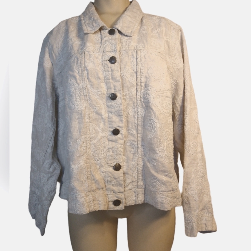 Carole Little Womens Jacket L Beige Paisley Embroidered Linen Trucker